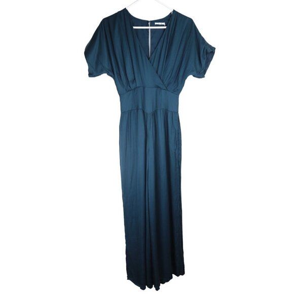 Tularosa Whitley Teal Satin Short Sleeve Flowy Wide Leg Jumpsuit Size XS - Picture 3 of 12